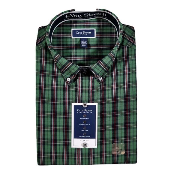 Club Room Slim Fit Plaid Dress Shirt Men Small 14-14.5 Green Black 4-Way Stretch - Picture 1 of 5